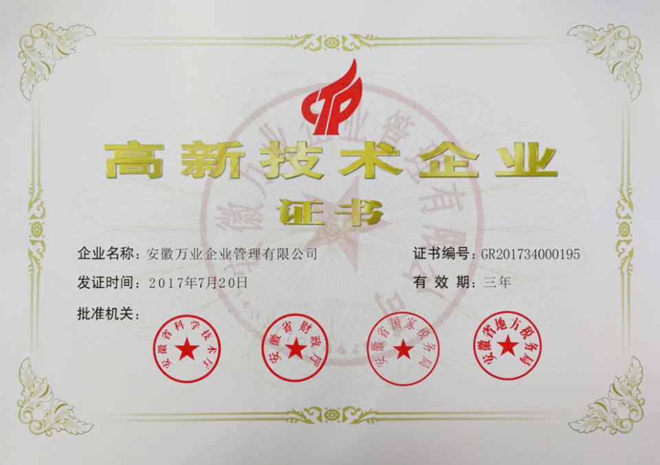 安徽萬(wàn)業(yè)企業(yè)管理有限公司高新技術(shù)企業(yè)證書